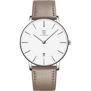 Men's Beige White Leather Strap Analog Minimal Simple Stylish Buckle Wrist Watch